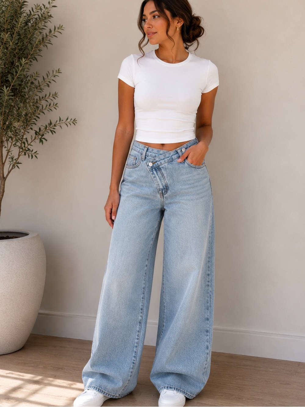 COMMENSE Asymmetrical Wide-Leg Jeans – Light Wash